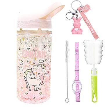 Imagem de seelucky Garrafa de água de viagem unicórnio com canudo Sport Frosty Mugs Freezer Girl Caixa Copo Copo Presente (Unicórnio Rosa, 500 ml)