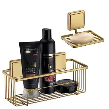 Imagem de Kit Suporte Porta Shampoo Prateleira Saboneteira Banheiro Adesivo Dupla Face Dourado - Future - Dourado