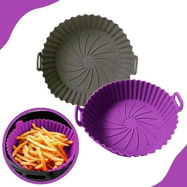 Imagem de Kit 2 Cesto de Silicone Airfryer 20cm Protetor Antiaderente - Cinza e Roxo