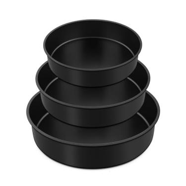 Imagem de E-far Conjunto de 3 formas de bolo (15,2 cm/20,3 cm/9½ polegadas), formas de bolo redondas antiaderentes para bolo de casamento de aniversário, núcleo de aço inoxidável e revestimento não tóxico, 5 cm de profundidade (preto)