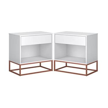 Imagem de Kit 2 mesa de cabeceira lateral Criados Malta Branco com Base de Ferro Cobre