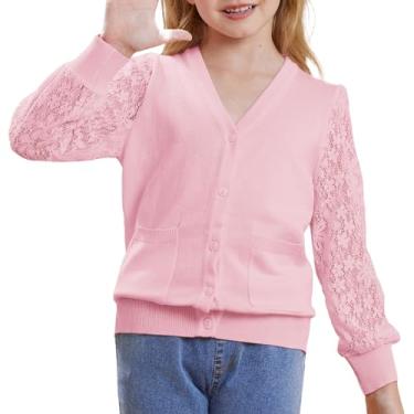 Imagem de GRACE KARIN Cardigã feminino uniforme escolar malha oca manga longa botão suéter para 5-12 anos, Rosa claro 1, 6 Anos