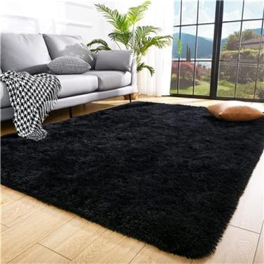 Imagem de Tapetes macios e macios para sala de estar, grande área de pelúcia, antiderrapante, retangular, felpudo, preto, 160cm x 200cm