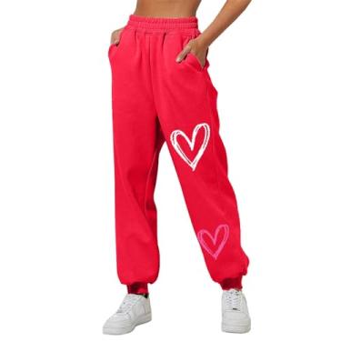 Imagem de Calça de moletom feminina plus size para caminhada casual de verão calça fofa de perna reta calça de treino macia, Vermelho, XXG