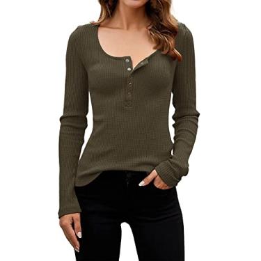 Imagem de Camisetas femininas Henley de manga comprida com botões, caimento justo, gola redonda, caneladas, suéteres quentes para mulheres de inverno, Verde, G