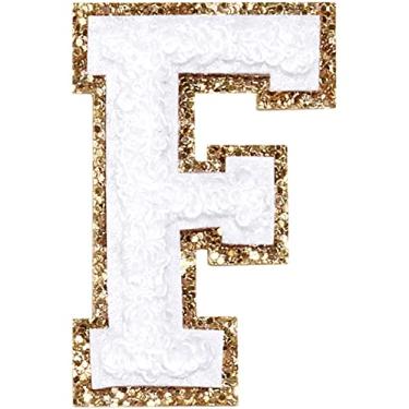 Imagem de 3 Pçs Chenille Letter Patches Ferro em Patches Glitter Varsity Letter Patches Bordado Borda Dourada Costurar em Patches para Vestuário Chapéu Bolsa de Camisa (Branco, F)