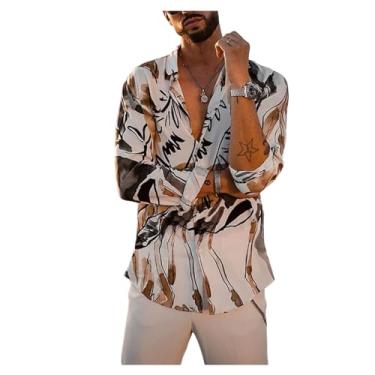 Imagem de Camisa masculina casual estampada manga comprida abotoada respirável ajuste solto camisa de férias, Branco, G