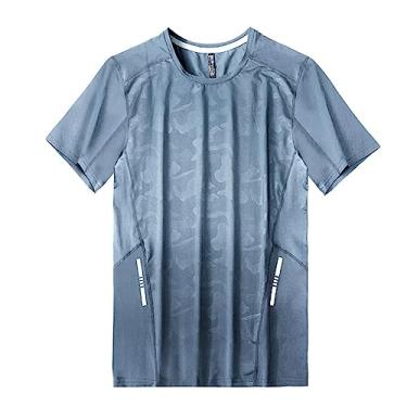 Imagem de Camiseta masculina atlética manga curta ajuste solto camuflagem secagem rápida 4-way stretch academia treino, Cinza, G