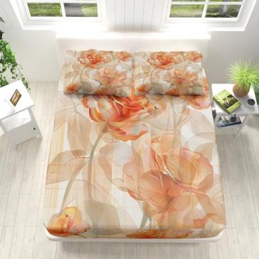 Imagem de Jogo de lençol king size, 4 peças, fundo listrado com 40,6 cm, estampa rosa de flor laranjeira, lençol de cima + 2 fronhas