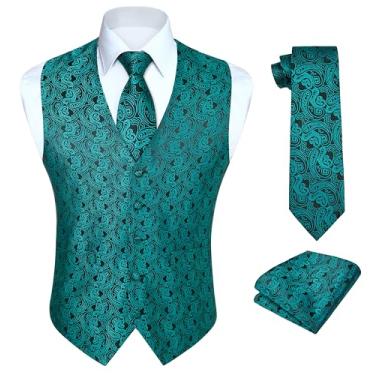 Imagem de HISDERN Conjunto de gravata masculina 3 peças colete formal Paisley floral jacquard gravata bolso quadrado terno coletes festa de casamento, Azul-petróleo, XX-Large