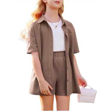 Imagem de Flypigs Conjunto de 2 peças de linho para meninas, conjunto de camisa de algodão com botões e gola de manga curta, 6 a 13 anos, Marrom, 6-7 Anos