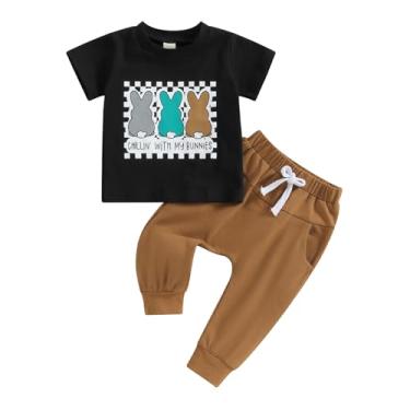 Imagem de GOOCHEER Conjunto de camiseta e calça jogger com estampa de coelhinho e manga curta, Preto, castanho, 6-12 Meses