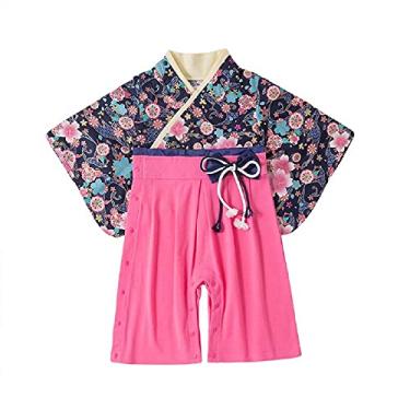 Imagem de SZCQ Macaquinho de quimono para bebês meninas fantasias japonesas Hakama macacão infantil samurai roupas azul floral M (12-18 meses)