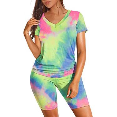 Imagem de Lainuyoah Conjunto de 2 peças estampadas para mulheres, camisetas de verão de manga curta, tops e shorts, conjuntos casuais slim fit, E-multicolorido., Small