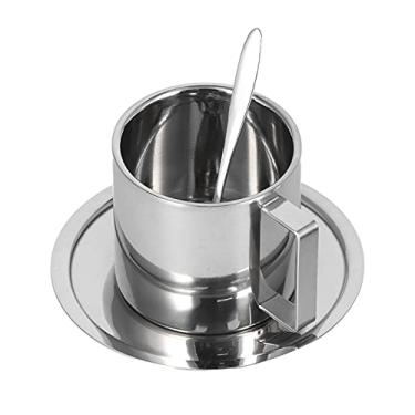 Imagem de Conjunto de caneca de caf¨¦ de 3 pe?as/conjunto, x¨ªcara de caf¨¦ de a?o inoxid¨¢vel,conjunto de caneca de caf¨¦ isolada de parede dupla com pires e colher(European Double Layer Suit-280ML), Conjunto