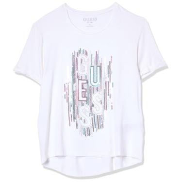 Imagem de GUESS Camiseta feminina com logotipo de strass de viscose elástica, Branco puro, 14 Anos