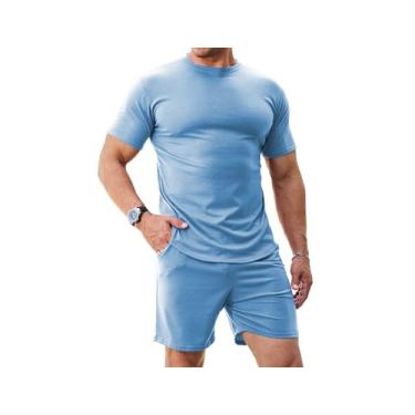 Imagem de Uni Clau Conjunto de 2 peças masculinas, conjunto de camisetas de manga curta com cordão, conjunto de agasalho atlético para jogging, Azul-claro, G