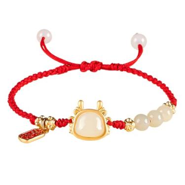 Imagem de Pulseira de Jade Zodíaco Animal Dragão Talismã para 2024 Nephrite Jade Charme Cordão Vermelho Pulseira Vintage Animal Espiritual Chakra Gemas Prosperidade Sorte Dinheiro Amor Amuleto Pulseira de Crist