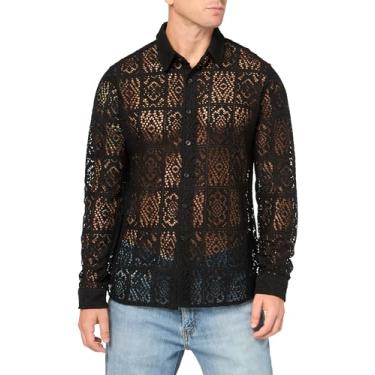 Imagem de GUESS Camisa masculina de manga comprida de crochê artesanal, Preto Jet, GG