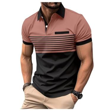 Imagem de Camisa polo masculina com bolso no peito, gola V, manga curta, camiseta polo listrada combinando com cores, Rosa, P