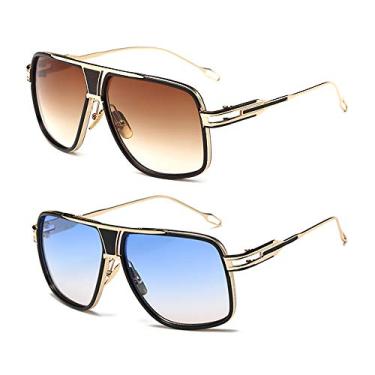 Imagem de GOBIGER Óculos de sol aviador para homens, retrô, moderno, armação de liga metálica, Pacote com 2/lentes marrons + lente azul gradiente, Medium