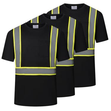 Imagem de wefeyuv 3 peças - Camisetas de alta visibilidade de secagem rápida com bolso e 3 tiras refletivas de malha de manga curta Hi Vis Construction Work Class 2 Shirt para homens/mulheres, preta G