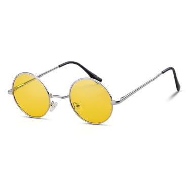Imagem de JRLLFD Óculos de sol redondos masculinos polarizados uv400 vintage retro círculo quadro óculos de sol feminino lente amarela, c4 prata amarelo, tamanho único