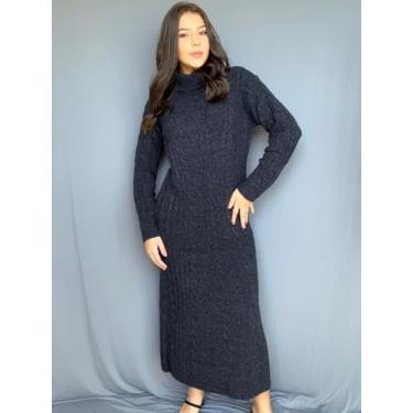 Imagem de Vestido Longo Feminino Manga Comprida Gola Alta Tricot Malha Inverno Solto Soltinho Larguinho (BR, Alfa, Único, Regular, Regular, Padrão, Azul Marinho)