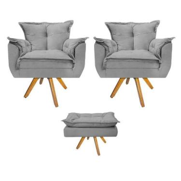 Imagem de Kit 02 Poltronas e Puff Opala Base Giratória de Madeira Suede Cinza - 