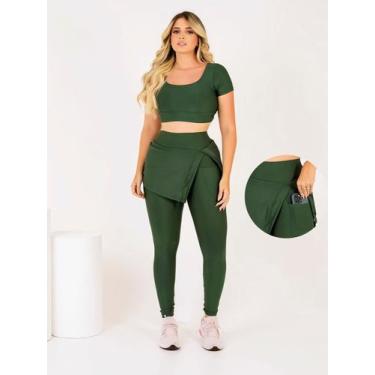 Imagem de Conjunto Calça legging Saia Fenda Com Bolso Top Cropeed Moda Evangélic