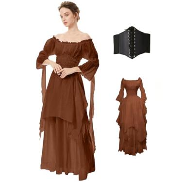 Imagem de BITSEACOCO Vestido feminino medieval vitoriano tomara que caia, fantasia de chemise irlandesa, vestido longo de fada renascentista (G, café)