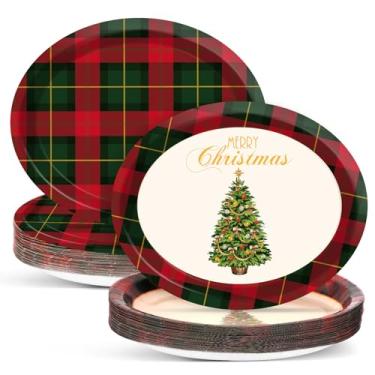 Imagem de 50 peças de pratos de papel ovais guingão vermelho e verde de Natal grande 28 cm descartável tema de família decoração suprimentos de decoração de festa bandeja resistente para churrasco reunião de carnaval jantar de feriado talheres