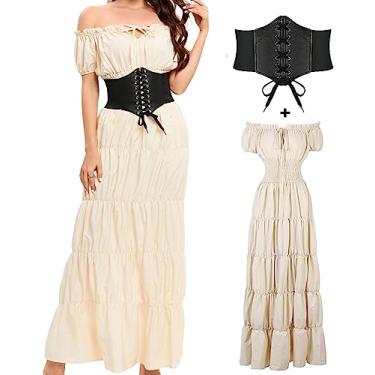 Imagem de BITSEACOCO Vestido feminino medieval renascentista, fantasia de bruxa camponesa de pirata de Halloween, vestidos longos de chemise de fada irlandesa, Bege, XGG
