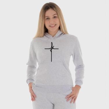 Imagem de Moletom Canguru Feminino Fé com Capuz e Bolso - Benellys, M, Cinza