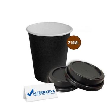 Imagem de Kit copo biodegradavel 210ml preto com tampa 50unidades - FNS Cup