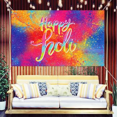 Imagem de LOONELO Happy Holi Banner de fundo com 187 cm x 117 cm, padrão de impressão de mão em pó colorido hindu grafite padrão fotografia fundo sinal decoração para decoração de festival indiano adereços de