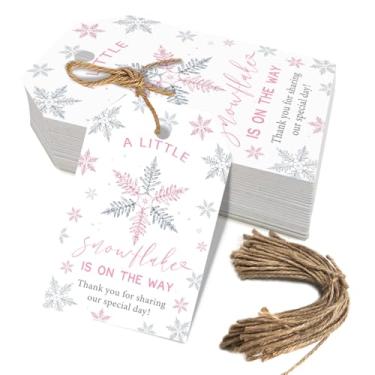 Imagem de 50 peças de etiquetas de agradecimento de floco de neve com cordão, etiquetas de presente com tema do país das maravilhas de inverno para decoração de embrulho de festa de chá de bebê Frozen (rosa