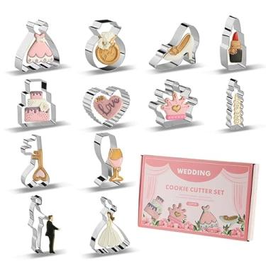 Imagem de Conjunto de cortadores de biscoito de casamento, cortador de biscoito de dia dos namorados para assar 12 peças, noiva, vestido de casamento, anel, salto alto, bolo, coração de amor, etc. Moldes de