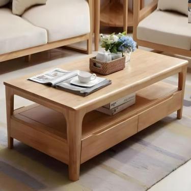 Imagem de Mesa de centro moderna de madeira com 4 pernas com armazenamento retangular mesa de coquetel gaveta de madeira maciça nórdica mesa de centro retangular mesa de armazenamento pequena mesa de chá
