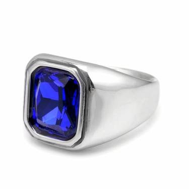 Imagem de SeiMios Anéis de pedra preciosa para homens, aço inoxidável, quadrado, safira azul, tamanho 7-12, Aço inoxidável, Criou Blue Sapphire