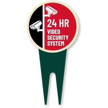 Imagem de SmartSign Placa de estaca de jardim com sistema de segurança de vídeo 24 HR com símbolo de câmera, 15 x 30 cm, placa composta de alumínio de 120 mil com sobretudo para fora, placa redonda com estacas