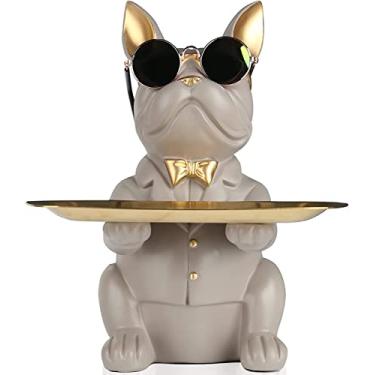 Imagem de Estátua de armazenamento de mesa de buldogue de resina, escultura de estatueta de animal com bandejas de armazenamento de metal, decoração de mesa de cofrinho de moedas, prato de doces, tigela de