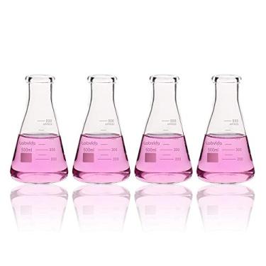 Imagem de Labvida 4 Unidades de Frascos Erlenmeyer de Vidro de Boca Estreita Vol.500Ml, 3.3 Borocilicato com Graduação Impressa, Lvc004