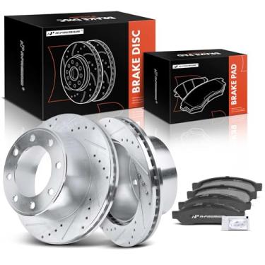Imagem de A-Premium 13,39 polegadas (340 mm) Rotores de freio a disco traseiro perfurado e ranhurado + kit de pastilhas de cerâmica compatível com Ford para F-250 Super Duty 2005-2012, para F-350 Super Duty