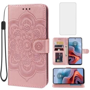Imagem de Bohefo Capa para Moto G34 5G, capa carteira para Moto G45 5G XT2363-2 com protetor de tela de vidro temperado, capa flip de couro mandala com suporte para cartão de crédito para Motorola Moto G34 5G