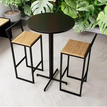 Imagem de Conjunto Mesa Alta Bar Bistrô Redonda Preta 2 Banquetas Confort Pinus Industrial Black