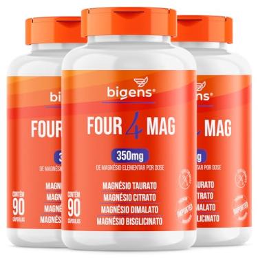 Imagem de Four Mag, 4 Magnésio (taurato, citrato, dimalato, bisglicinato), 350mg de Magnésio Elementar, 90 Cápsulas, Bigens (Kit 3)