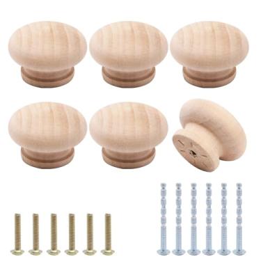 Imagem de YuGtcen 6 maçanetas de armário de madeira, puxadores de cômoda de madeira, maçanetas redondas modernas para móveis armário cômoda gaveta porta de armário (madeira natural inacabada, 45 mm)