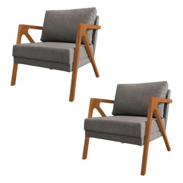 Imagem de Kit 2 Poltronas Mona Monique Luxo Base Madeira Maciça Cerejeira Linho 