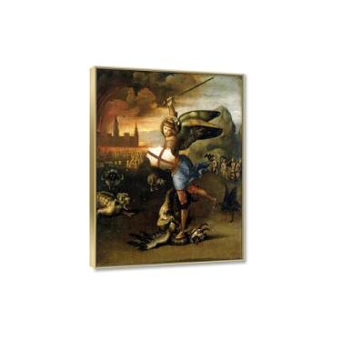 Imagem de Impressões de arte famosas de São Miguel e o Dragão por Raffaello Sanzio pôster arte de parede em tela religiosa - reprodução de belas artes clássicas pinturas a óleo vintage imagens para quarto 30 x